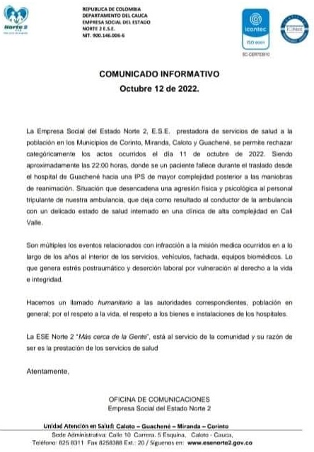 Comunicado a la opinión pública de la ESE Norte 2 por hecho de agresión a funcionario de la misión médica. Comunicado a la opinión pública de la ESE Norte 2 por hecho de agresión a funcionario de la misión médica.