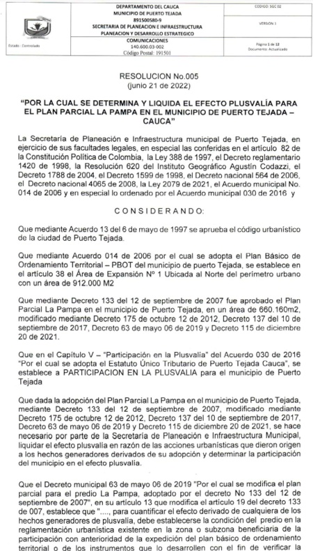 RESOLUCION No. 005 DEL 21 DE JUNIO DE 2022 - EFECTO PLUSVALIA PARA EL PLAN PARCIAL LA PAMPA EN EL MPIO PUERTO TEJADA