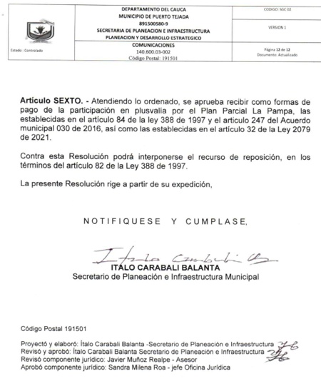 RESOLUCION No. 005 DEL 21 DE JUNIO DE 2022 - EFECTO PLUSVALIA PARA EL PLAN PARCIAL LA PAMPA EN EL MPIO PUERTO TEJADA