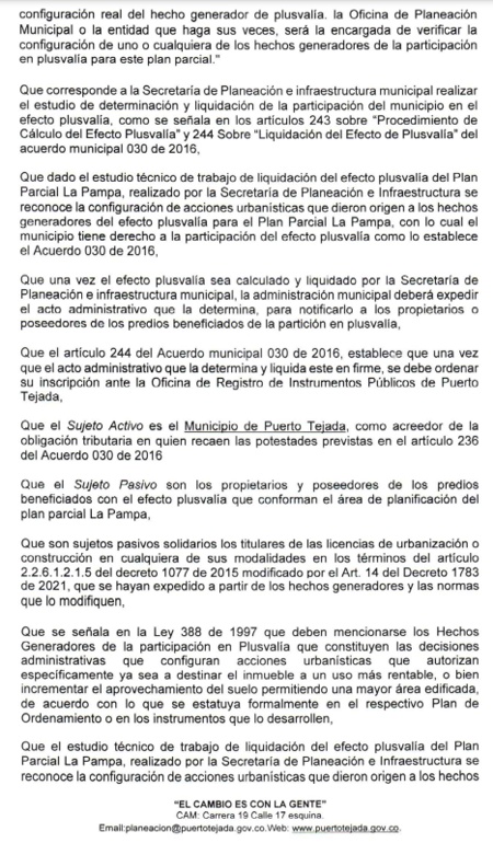 RESOLUCION No. 005 DEL 21 DE JUNIO DE 2022 - EFECTO PLUSVALIA PARA EL PLAN PARCIAL LA PAMPA EN EL MPIO PUERTO TEJADA