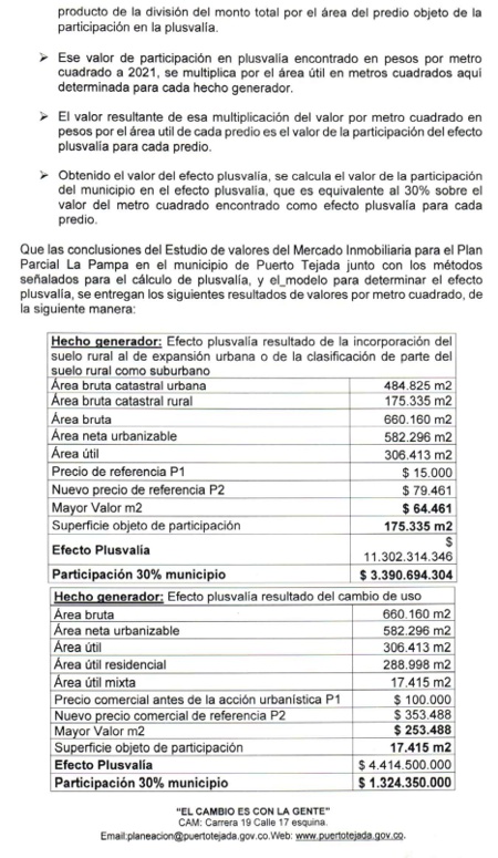 RESOLUCION No. 005 DEL 21 DE JUNIO DE 2022 - EFECTO PLUSVALIA PARA EL PLAN PARCIAL LA PAMPA EN EL MPIO PUERTO TEJADA