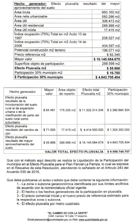 RESOLUCION No. 005 DEL 21 DE JUNIO DE 2022 - EFECTO PLUSVALIA PARA EL PLAN PARCIAL LA PAMPA EN EL MPIO PUERTO TEJADA