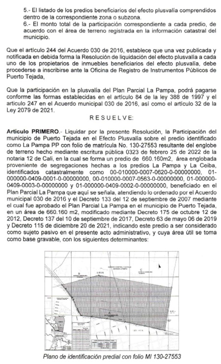 RESOLUCION No. 005 DEL 21 DE JUNIO DE 2022 - EFECTO PLUSVALIA PARA EL PLAN PARCIAL LA PAMPA EN EL MPIO PUERTO TEJADA