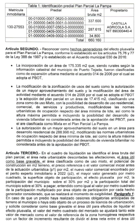 RESOLUCION No. 005 DEL 21 DE JUNIO DE 2022 - EFECTO PLUSVALIA PARA EL PLAN PARCIAL LA PAMPA EN EL MPIO PUERTO TEJADA