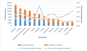 Promedio y total de personas en trabajo permanente en el Norte del Cauca según pertenencia al hogar del productor (familiar y no familiar), 2013
