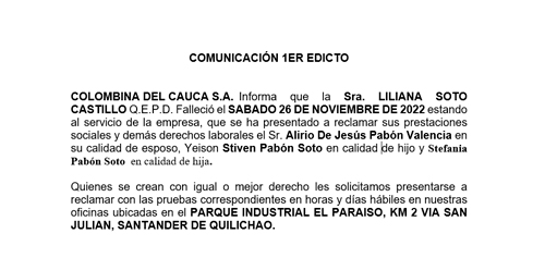 Atención al siguiente Edicto: Pago de prestaciones sociales