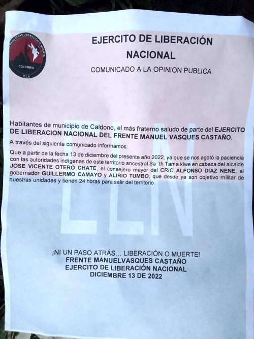 ELN conmina al alcalde de Caldono a abandonar el territorio ELN conmina al alcalde de Caldono a abandonar el territorio