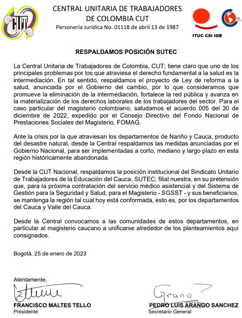 CUT respalda reforma a la salud y a SUTEC