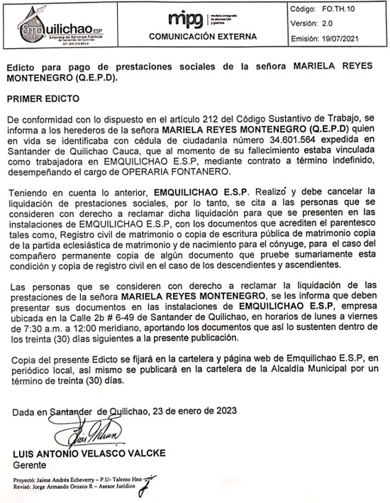 Edicto para pago de prestaciones sociales - Mariela Reyes Q.E.P.D. Edicto para pago de prestaciones sociales - Mariela Reyes Q.E.P.D.