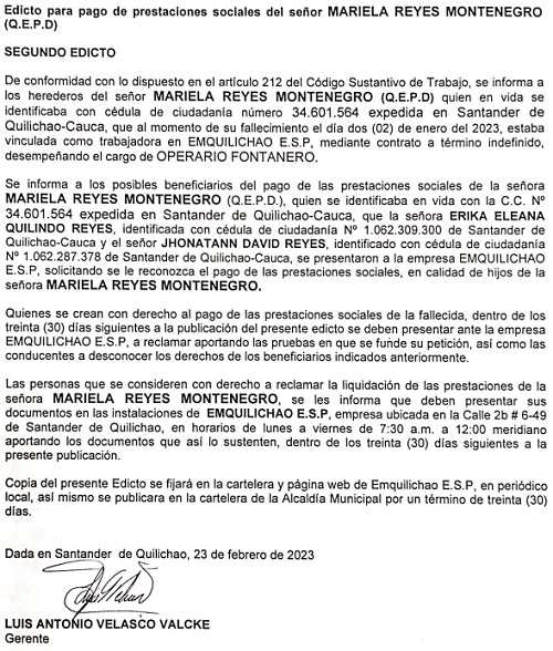Edicto - Segundo Aviso - Fallecimiento Mariela Reyes Edicto - Segundo Aviso - Fallecimiento Mariela Reyes