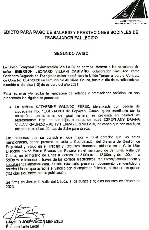 Edicto para pago de prestaciones sociales Emerson Leonard Villani Castaño - Unión Temporal Pavimentación vía la 26