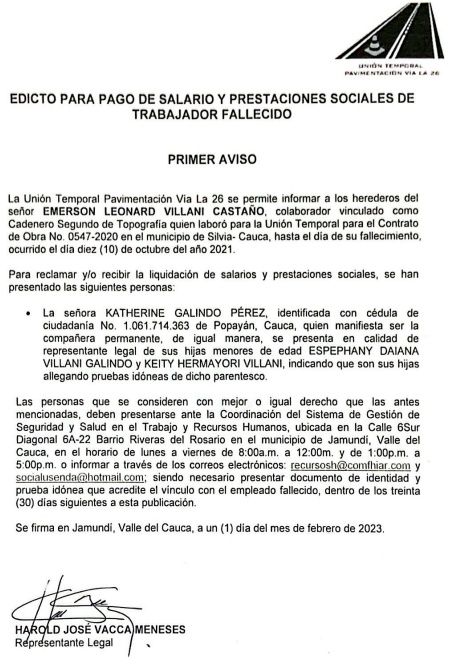 Edicto para pago de prestaciones sociales del fallecido trabajador Emerson Leonard Villani Castaño - Unión Temporal