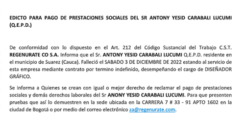 Atención a este edicto para pago de prestaciones sociales