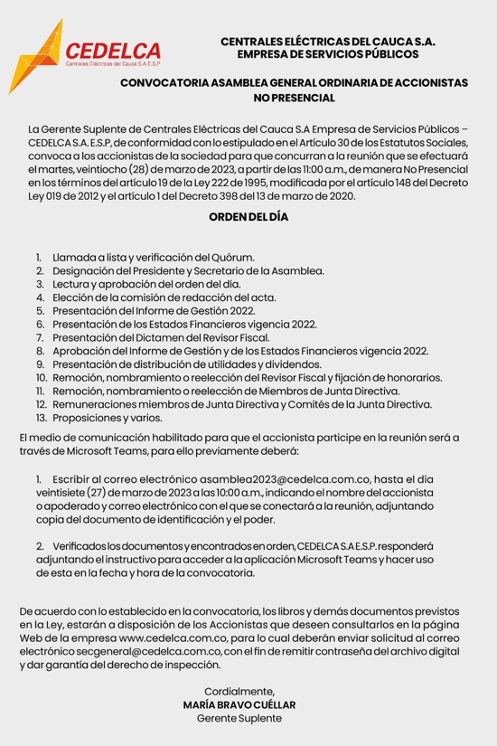 Convocan Asamblea de Accionistas de CEDELCA Convocan Asamblea de Accionistas de CEDELCA