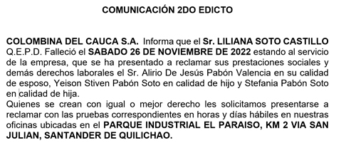Atención al siguiente Edicto: Pago de prestaciones sociales