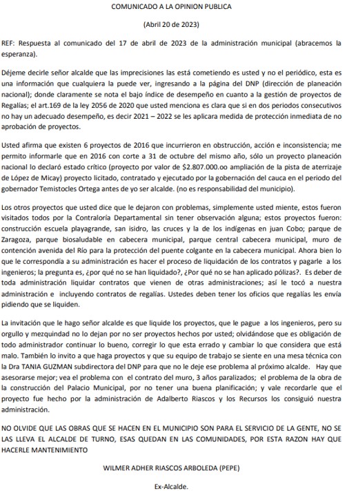 COMUNICADO A LA OPINION PUBLICA - Wilmer Adher Riaascos - Exalcalde de López de Micay