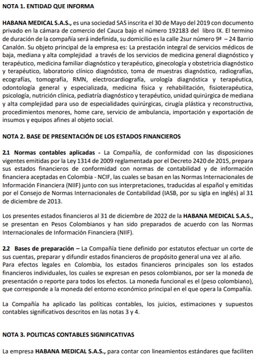 Notas a los Estados Financieros 2022-2021 de Habana Medical SAS