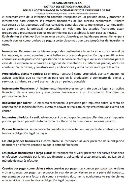 Notas a los Estados Financieros 2022-2021 de Habana Medical SAS