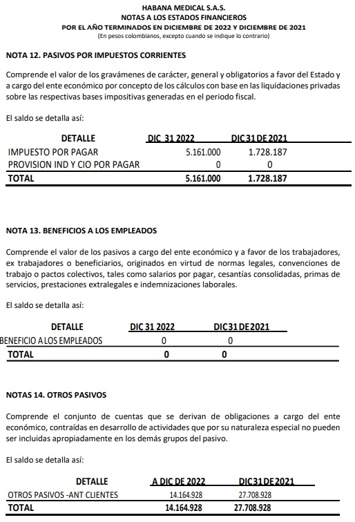 Notas a los Estados Financieros 2022-2021 de Habana Medical SAS