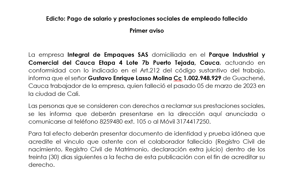 Atención a este edicto para pago de prestaciones sociales