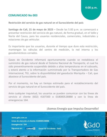 Comunicado No. 003 de Gases de Occidente sobre suspensión del servicio de gas natural