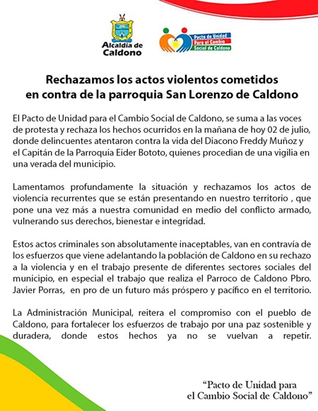 Atentado sicarial contra misión parroquial en Caldono