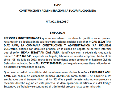 Atención a este edicto de pago de prestaciones sociales