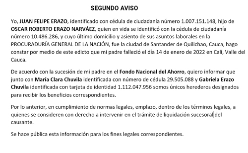 Atención al siguiente Edicto por sucesión: 2do aviso