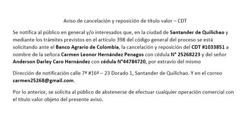 Aviso de cancelación y reposición de título valor – CDT Aviso de cancelación y reposición de título valor – CDT