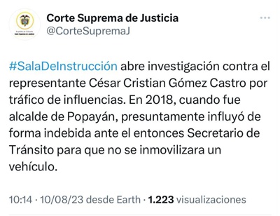 César Cristian Gómez podría perder la curul - Corte Suprema abrió investigación formal César Cristian Gómez podría perder la curul - Corte Suprema abrió investigación formal