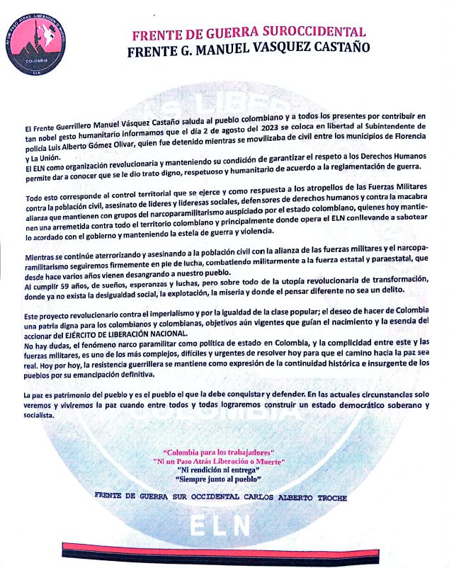 Misión humanitaria de la Defensoría del Pueblo permitió liberación del comandante de la estación de Policía de Génova (Nariño) Misión humanitaria de la Defensoría del Pueblo permitió liberación del comandante de la estación de Policía de Génova (Nariño)