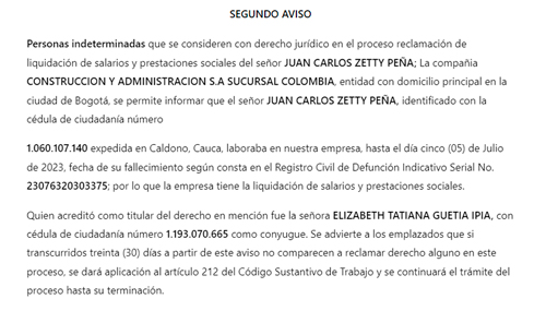 Segundo aviso para reclamación de liquidación Segundo aviso para reclamación de liquidación