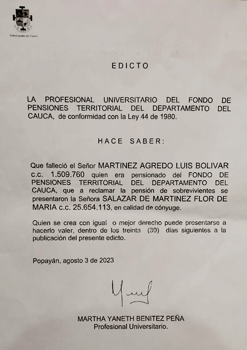 Este edicto para pago de prestaciones sociales Este edicto para pago de prestaciones sociales