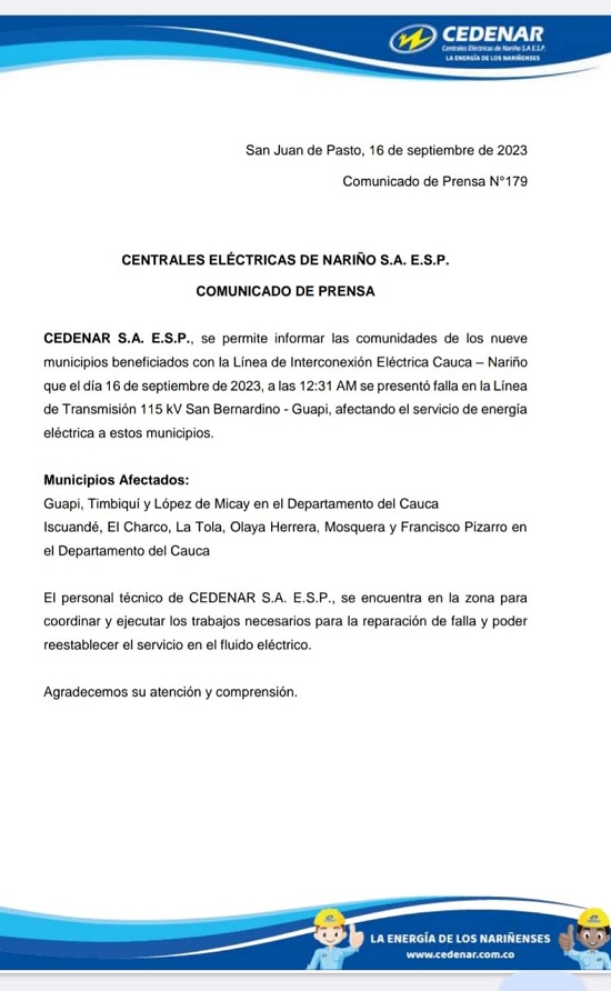 Municipios de la costa del Pacífico caucano y nariñense están sin energía. Municipios de la costa del Pacífico caucano y nariñense están sin energía.