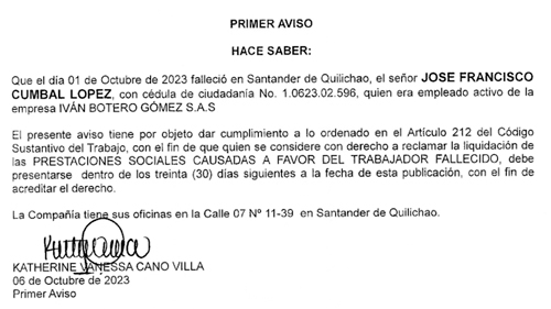 Primer aviso edicto para pago de liquidación
