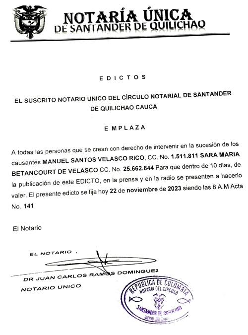 Edicto sucesión Manuel Santos Velasco - 22 de noviembre 2023