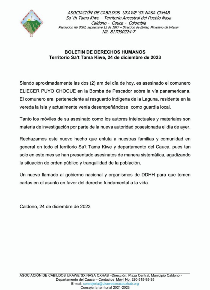 Asesinan a otro líder indígena en Caldono