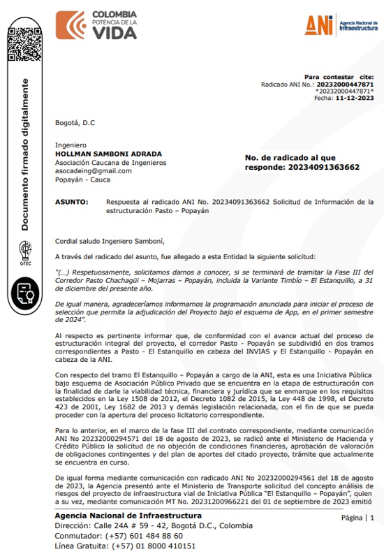 Avanza gestión para la construcción de variante Timbío - El Estanquillo - ANI