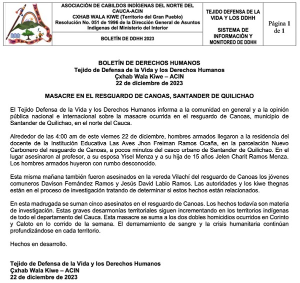 Masacre en el Resguardo de Canoas