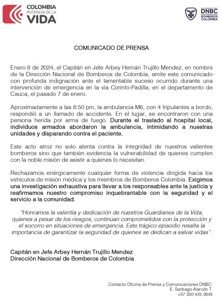Bomberos de Colombia rechazaron hecho de violencia en Corinto