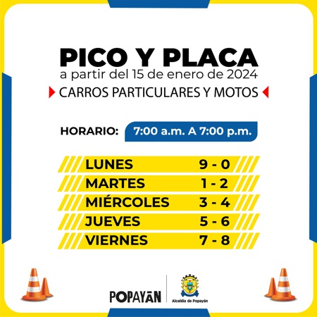 Pico y Placa para Popayán a partir del 15 de enero de 2024