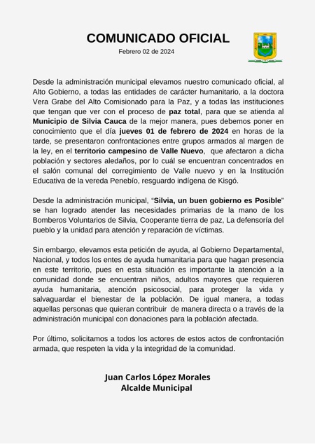 Alcalde de Silvia clama por ayuda humanitaria ante enfrentamientos armados