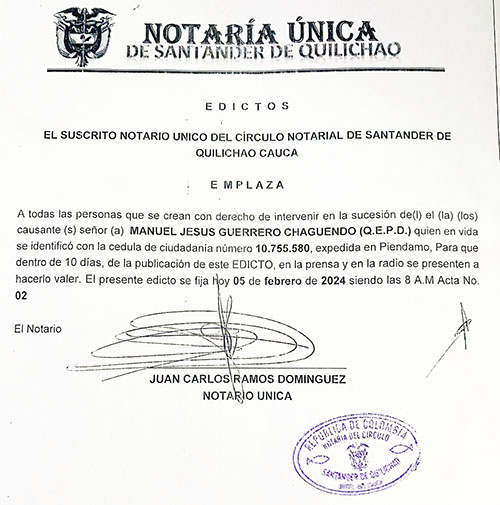Atención a este edicto de sucesión de Manuel Jesús Guerrero Chaguendo