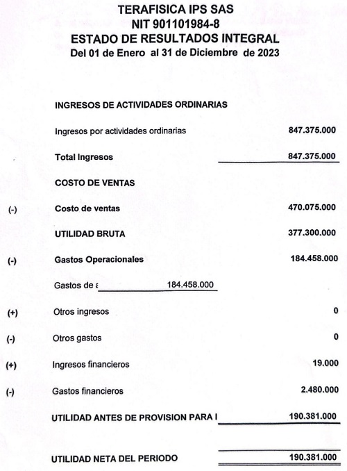 Estado de Resultados Integral de Terafísica IPS SAS a diciembre de 2023
