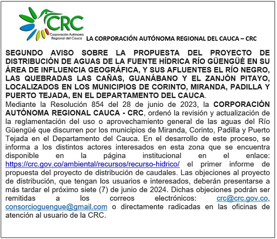 SEGUNDO AVISO - DISTRIBUCIÓN DE AGUAS DEL RÍO GÜENGÜÉ