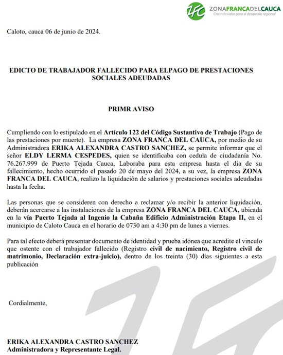 Edicto de trabajador fallecido para el pago de prestaciones sociales - Eldy Lerma Céspedes Edicto de trabajador fallecido para el pago de prestaciones sociales - Eldy Lerma Céspedes