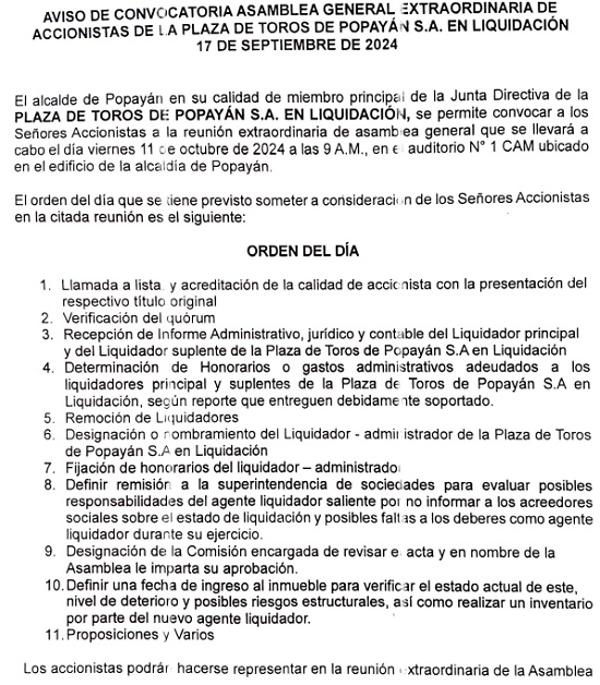 Aviso de convocatoria para accionistas de la plaza de toros de Popayán S.A. Aviso de convocatoria para accionistas de la plaza de toros de Popayán S.A.