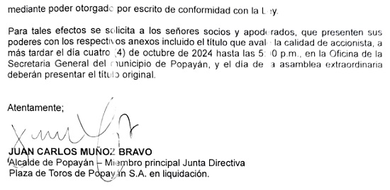 Aviso de convocatoria para accionistas de la plaza de toros de Popayán S.A. Aviso de convocatoria para accionistas de la plaza de toros de Popayán S.A.