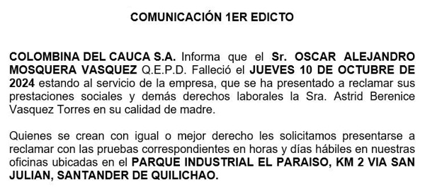Edicto por fallecimiento de Oscar Alejandro Mosquera Vásquez