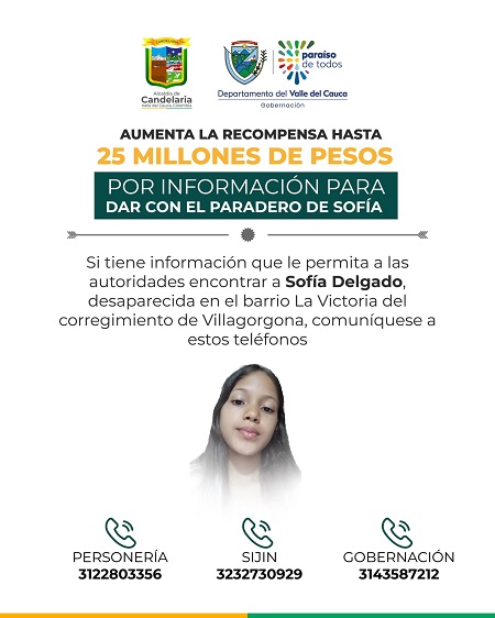 Gobernación del Valle ofrece recompensa de $15 millones para encontrar a Sofía, desaparecida en Candelaria.